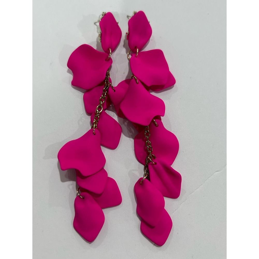 3/$39-Hot Pink 5" Dangle Flower Petal Drop Statement Earrings 925 Sterling Post